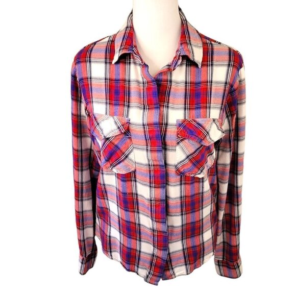 Sam Edelman Long Sleeve Button Up Fishtail Back Grunge Plaid Shirt Sz M - Picture 1 of 16